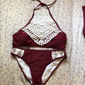 Red bikini with white lace